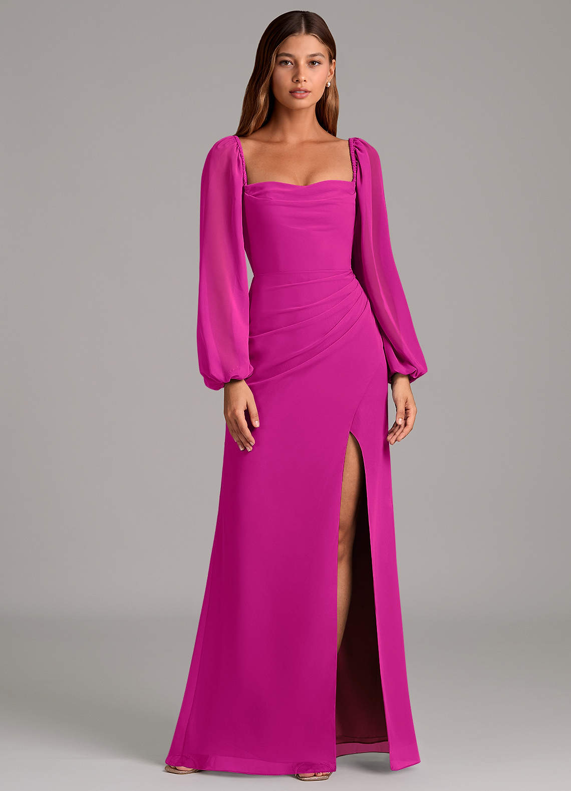 Azazie Brixley Bridesmaid Dresses Fuchsia Mermaid Long Sleeve Chiffon Dress image1