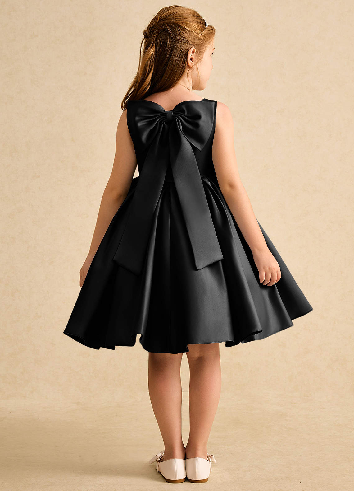 Azazie Jessie Flower Girl Dresses Black A-Line Bow Matte Satin Dress image1