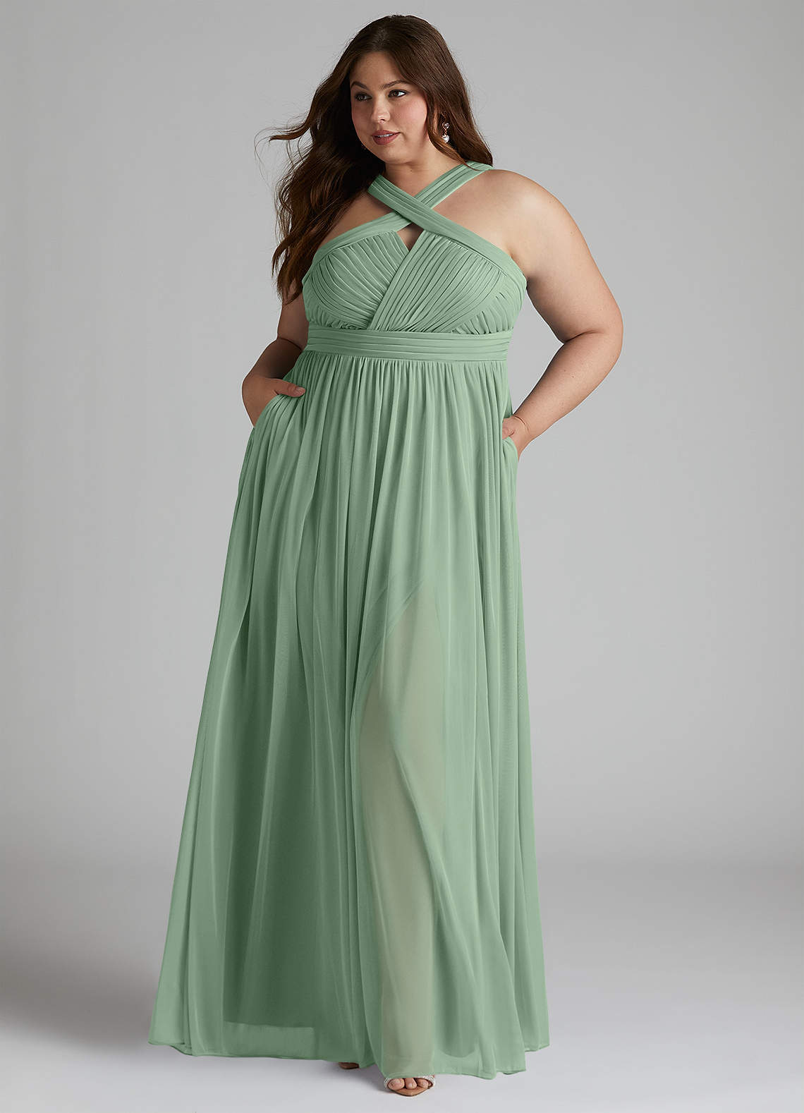 Azazie Hillian Final Sale Matcha A-Line Halter Pleated Mesh Dress image1