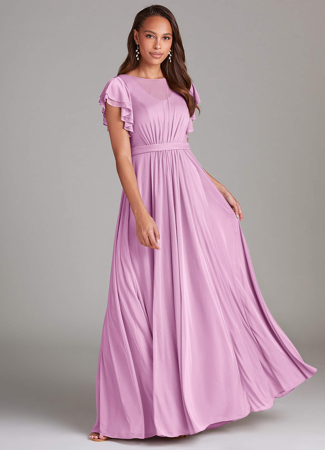Azazie Daphne Modest Bridesmaid Dresses A-Line Ruched Mesh Floor-Length Dress image1