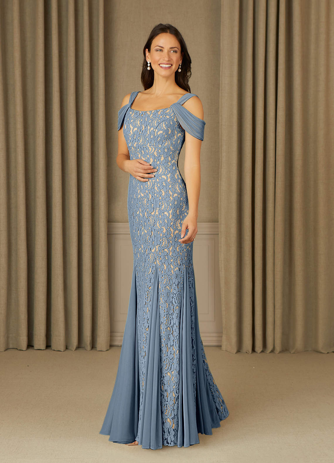 Azazie Claribel Dusty Blue Mermaid Off the Shoulder Lace Dress