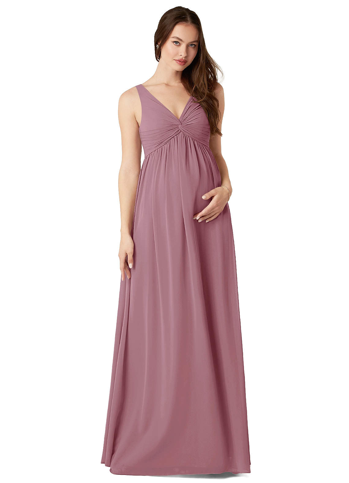 Azazie Yetta Maternity Bridesmaid Dresses A-Line V-Neck Gathered Chiffon Floor-Length Dress image1