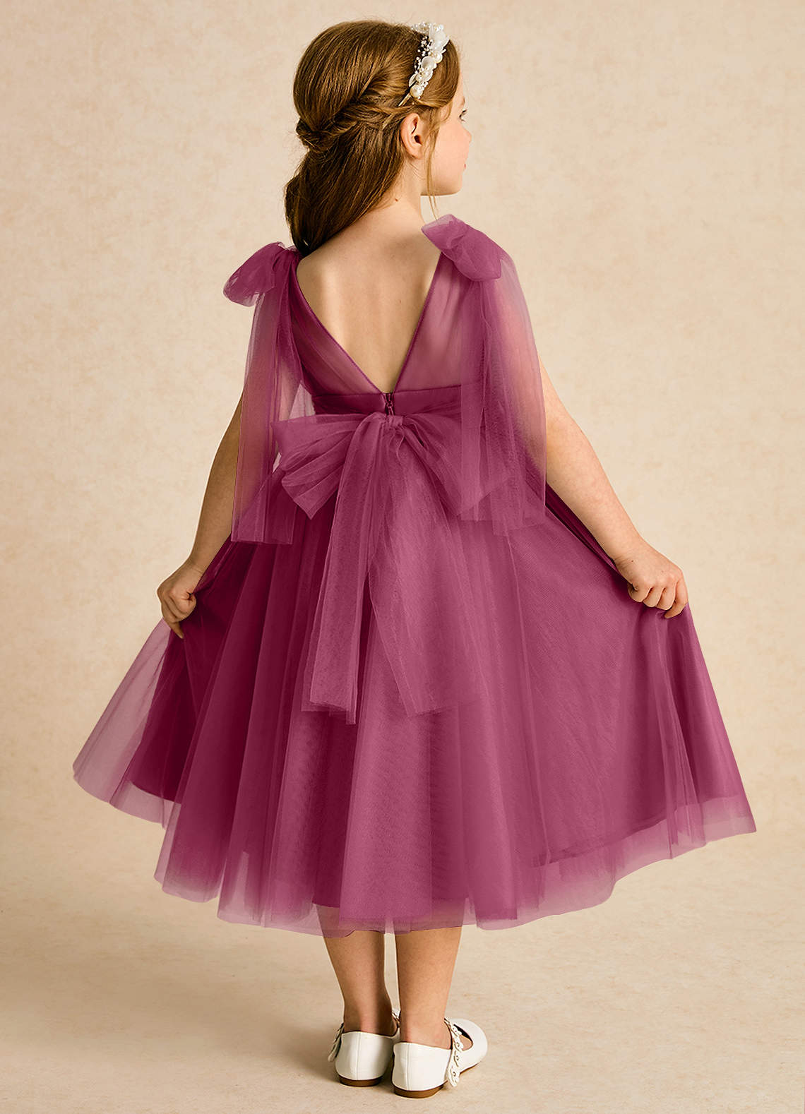 Azazie Dori Flower Girl Dresses Mulberry A-Line Ruched Tulle Dress image1