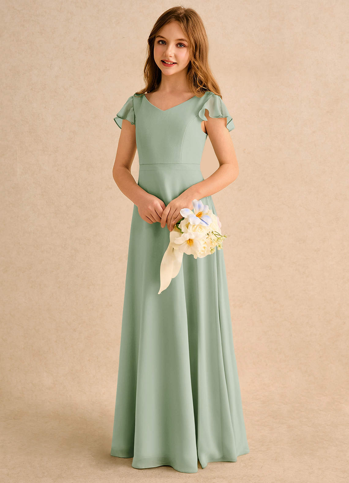 Azazie Nari Girls Formal Vestidos de florista Vestido Dusty Sage de Chiffon de Linha A com com Mangas image2