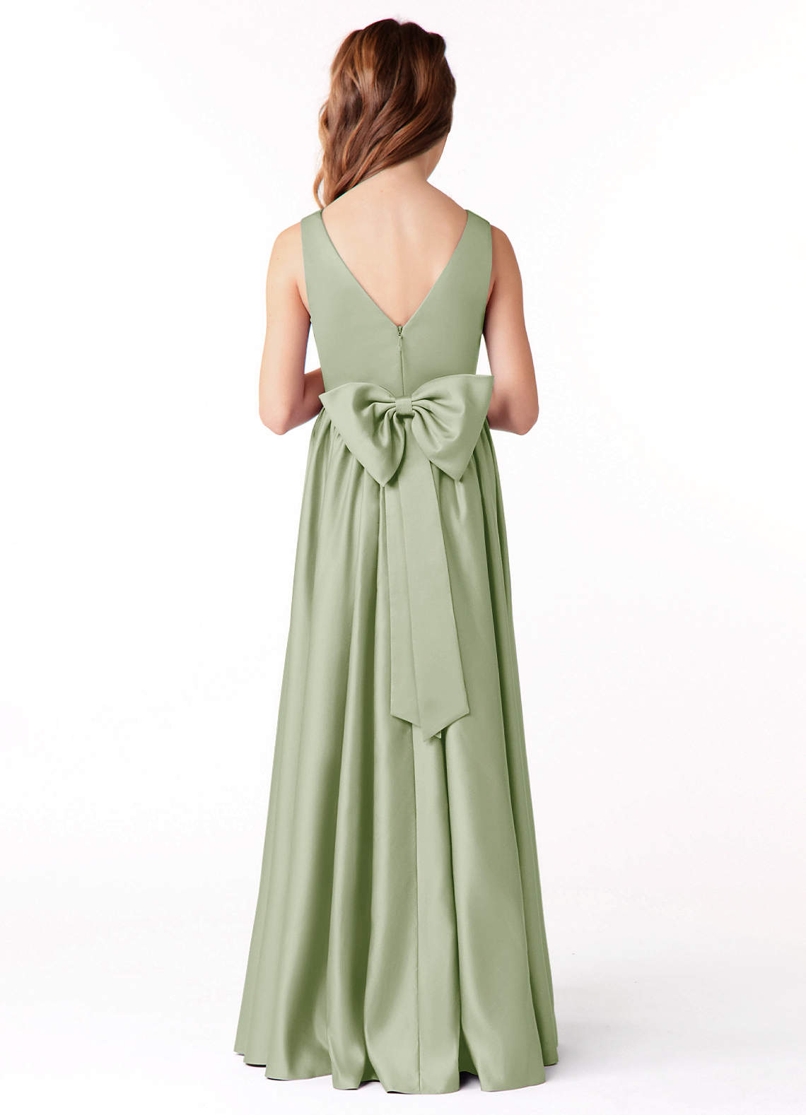 Azazie Hathaway Junior A-Linie Schleifen Stretch-Satin Kleid Staubiger Salbeigrün image1