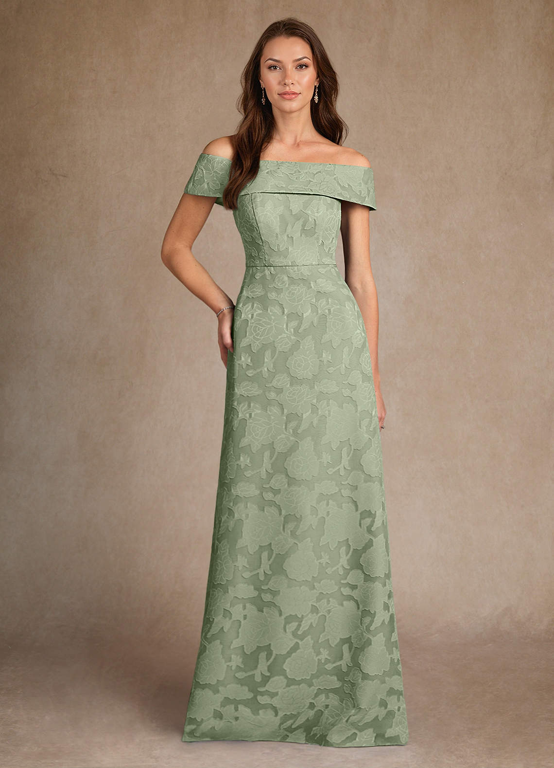 Azazie Medford Mother of the Bride Dresses Dusty Sage A-Line Off the Shoulder Floral Burnout Dress image1
