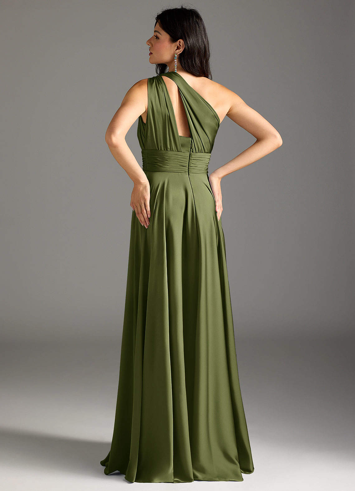 Azazie Charlize Bridesmaid Dresses Olive A-Line One Shoulder Stretch Satin Dress image5