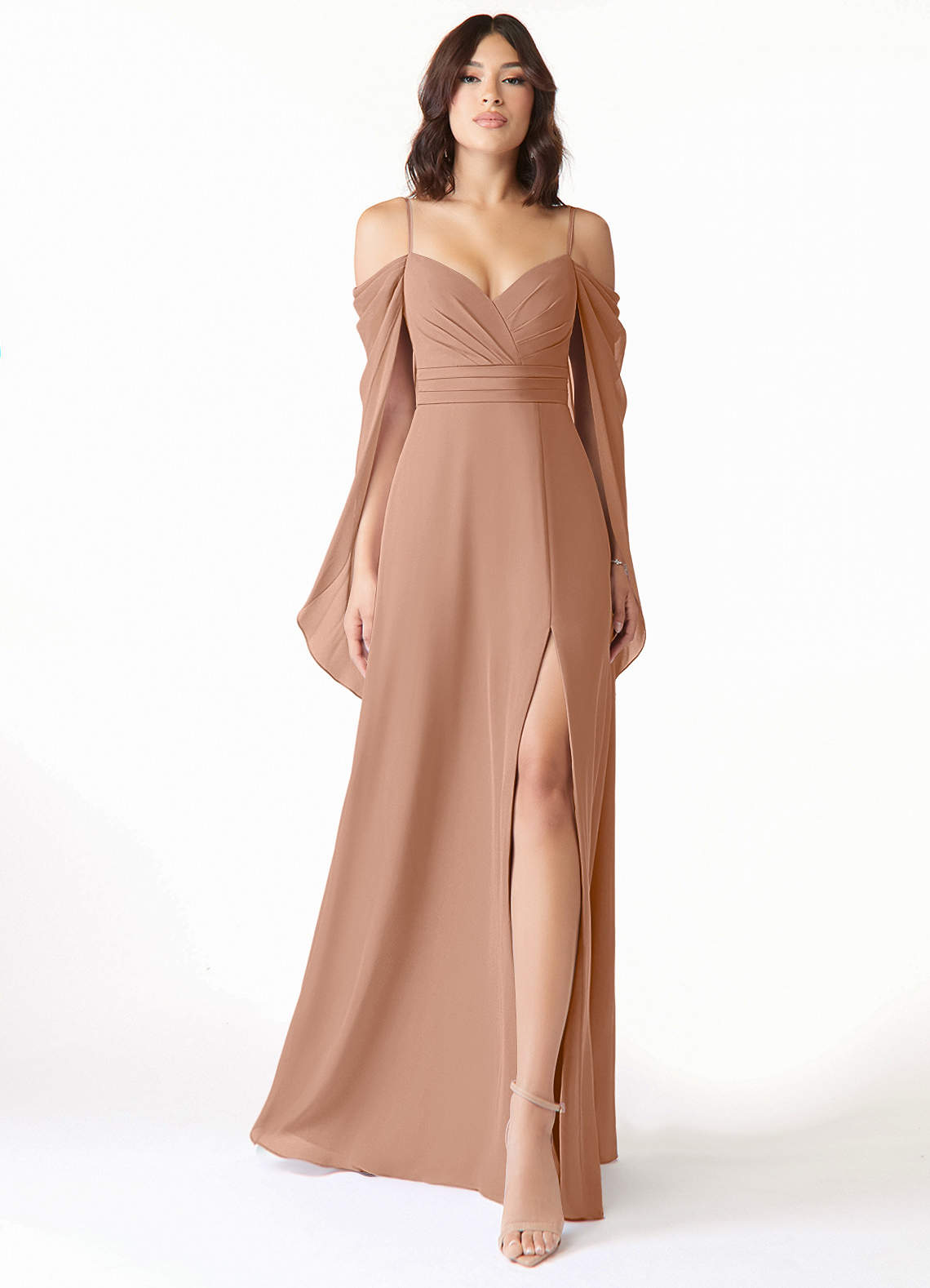 Azazie Cienna Abiti da Damigella Abito A-Line in Chiffon a Spalla Scoperta Champagne Rosa image1