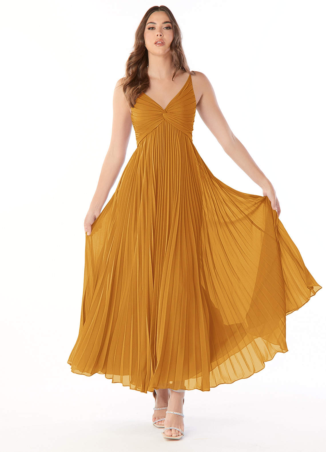 Azazie Raychelle Bridesmaid Dresses Butterscotch A-Line V-Neck Chiffon Dress image1