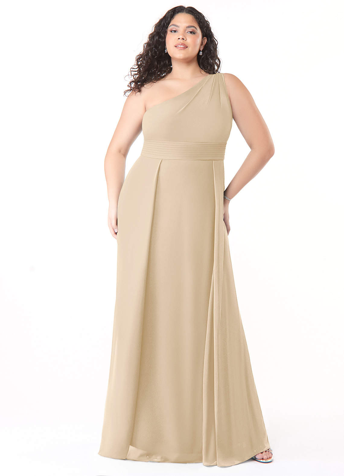 Azazie Dallas Bridesmaid Dresses Champagne A-Line One Shoulder Chiffon Dress image5