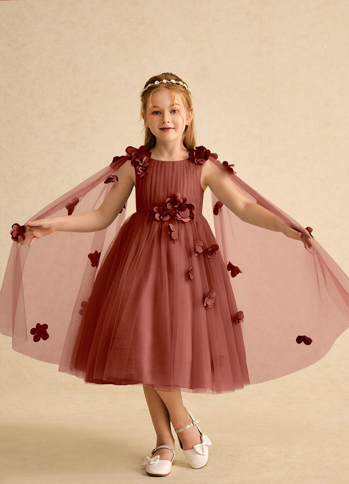 Azazie Staria Vestidos de florista Vestido Castanho Aloirado de Tule de Vestido de baile com Franzido image3