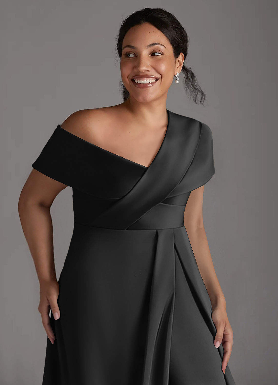 Azazie Milton Mother of the Bride Dresses Black A-Line Pleated Stretch Satin Dress image12