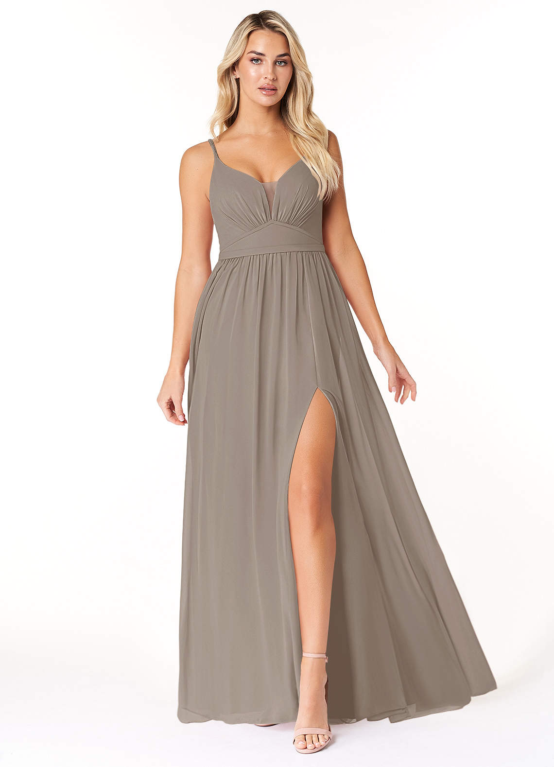 Azazie Rayna Bridesmaid Dresses Taupe A-Line V-Neck Pleated Chiffon Dress image1