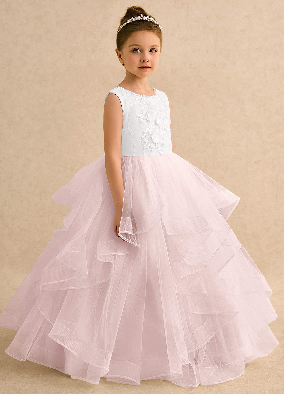 Azazie Claire Ivory Blushing Pink Ball-Gown Beaded Tulle Dress
