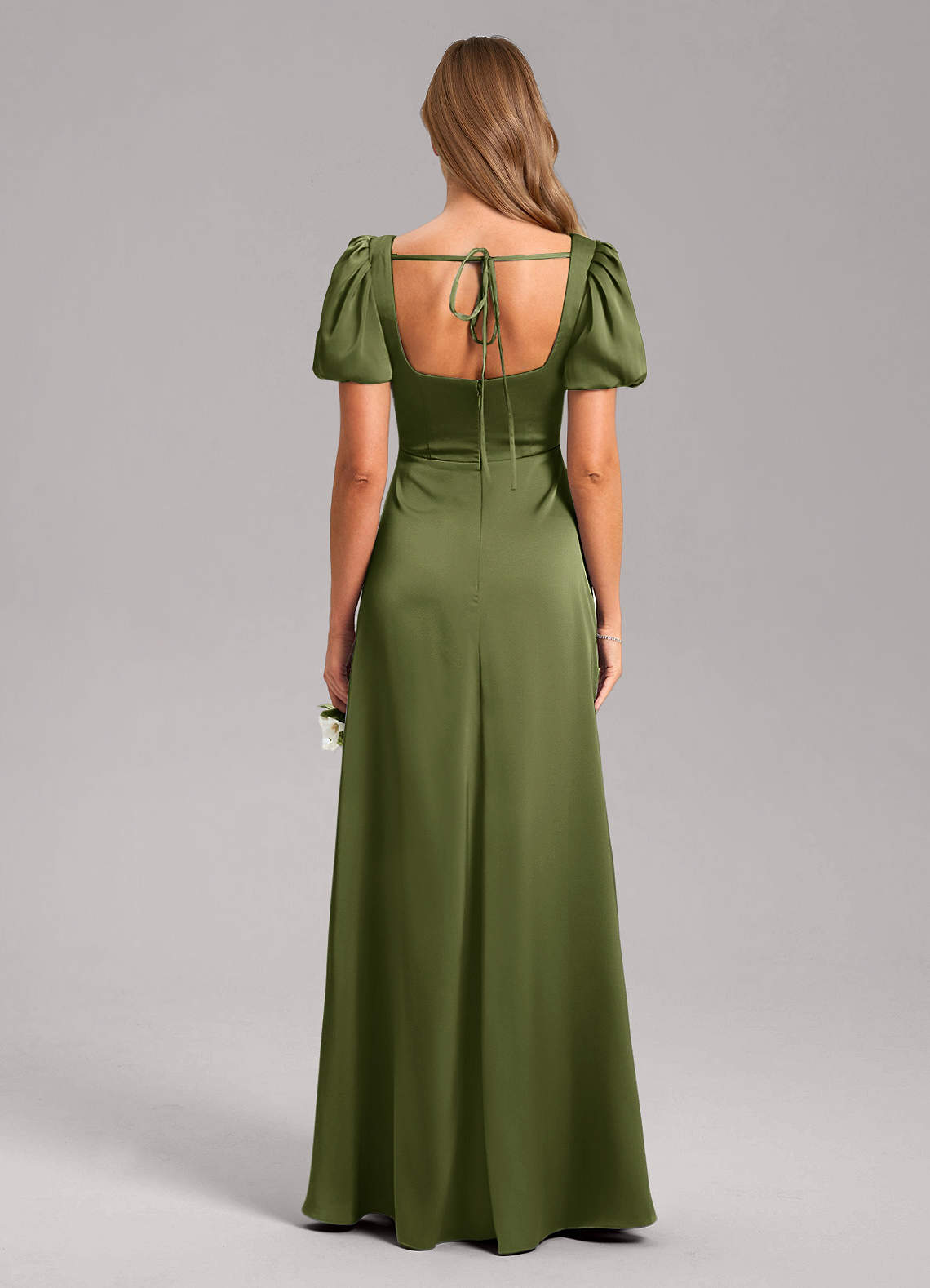 Azazie Fyona Bridesmaid Dresses Olive A-Line Pleated Stretch Satin Dress image1