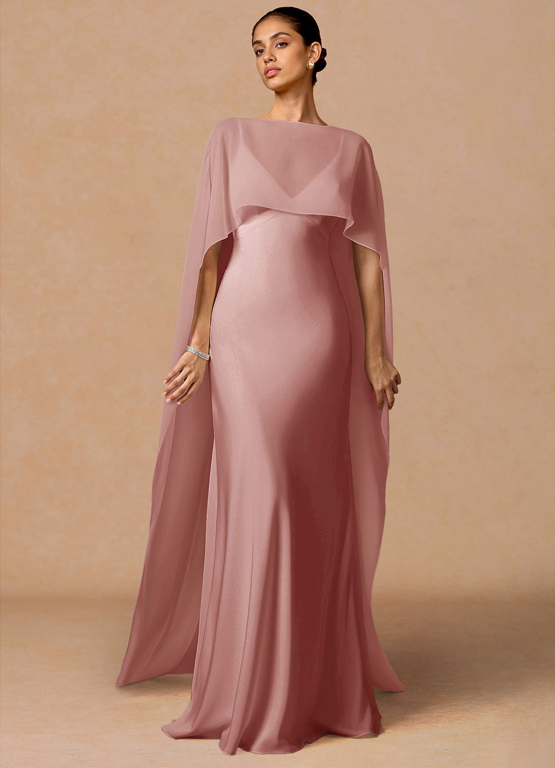 fitted lace wedding dress Satin maxi dress with a side slit light pink 061DX029 – RASARIO main image 1