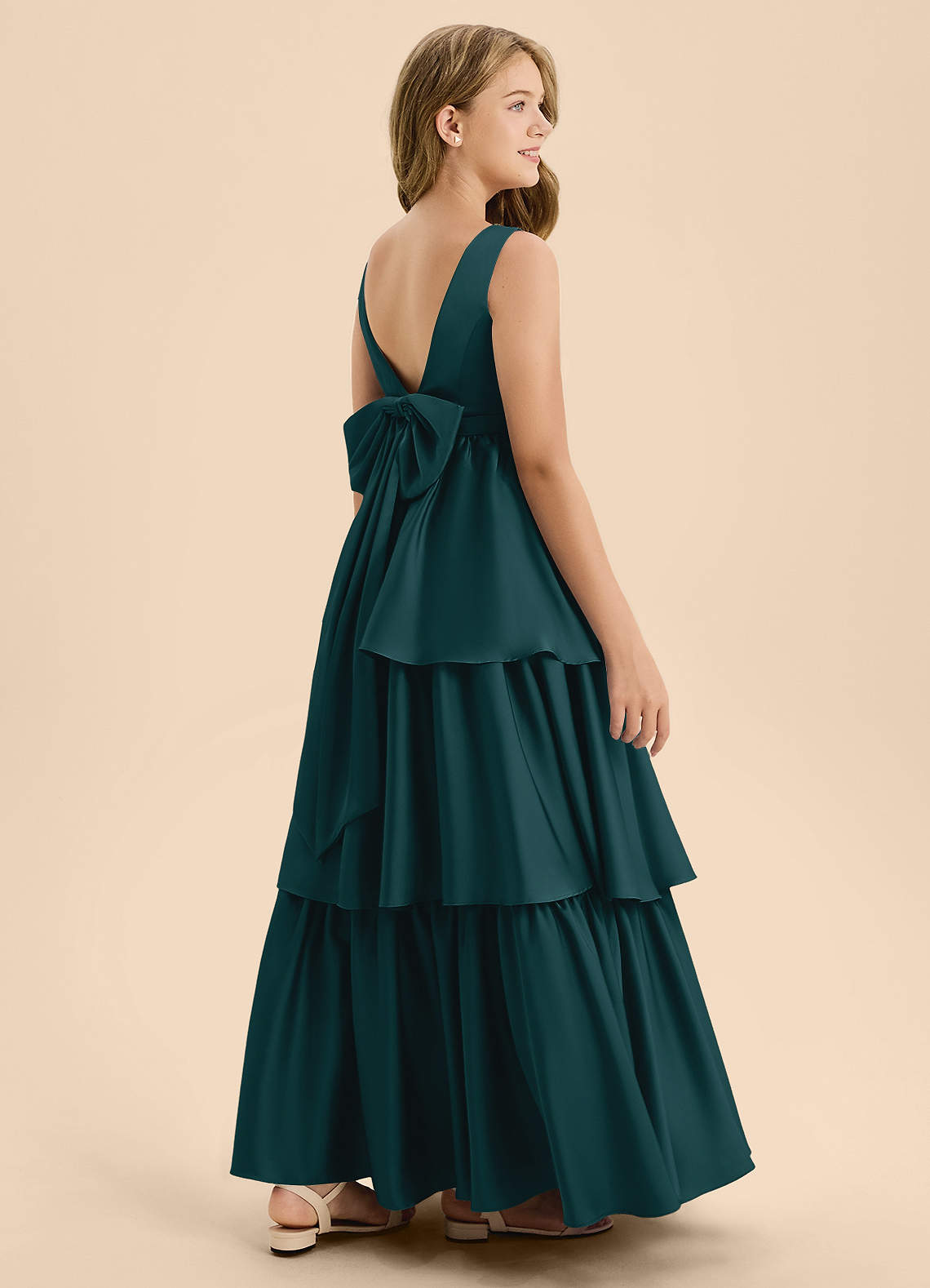Azazie Meadowyn Junior Pine A-Line Bow Stretch Satin Dress image1