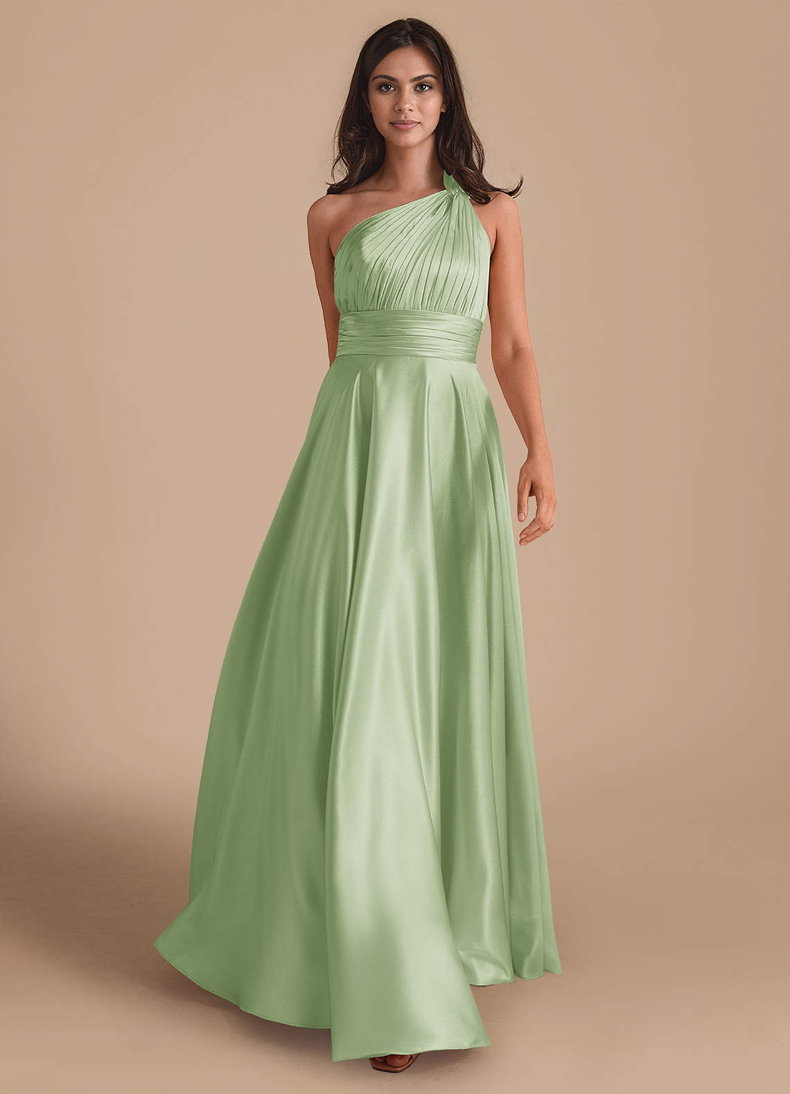 Azazie Charlize Bridesmaid Dresses Dusty Sage A-Line One Shoulder Metallic Satin Dress image1