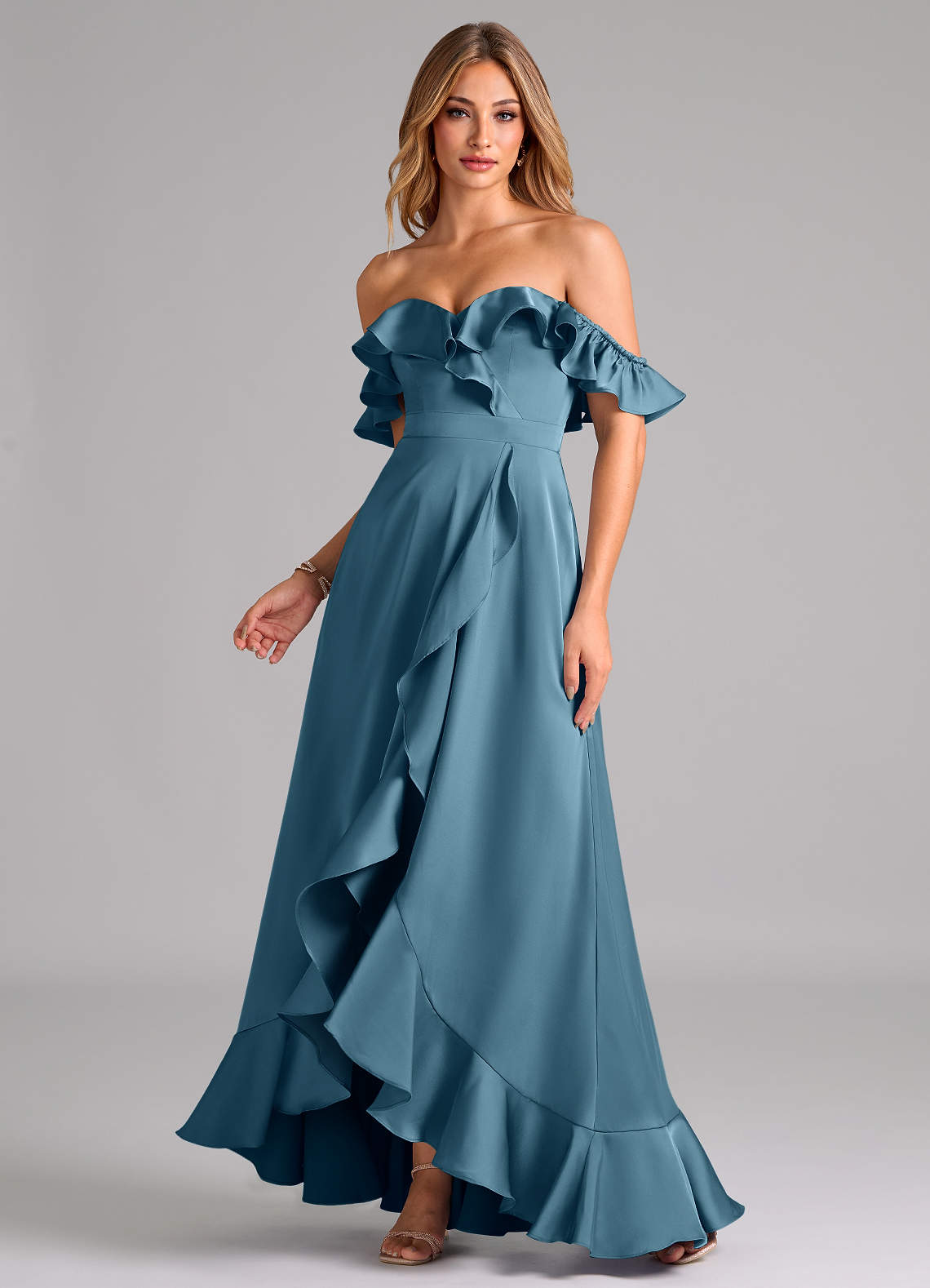 Azazie Lyra Bridesmaid Dresses Bermuda A-Line Off the Shoulder Stretch Satin Convertible Dress image1