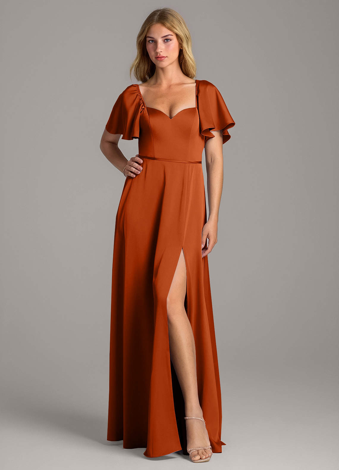 Azazie Chloe Ready to Ship Burnt Orange Stretch Satin Bridesmaid Dresses |  Azazie