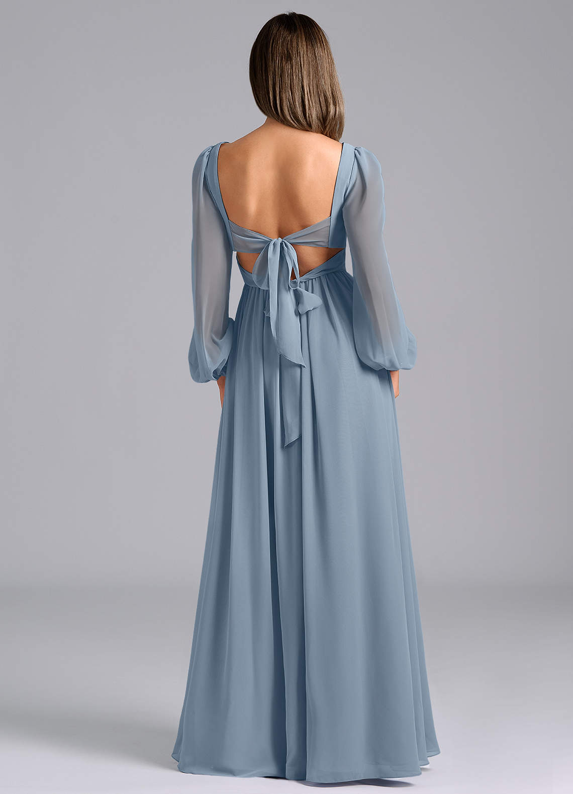 Azazie Zeya Bridesmaid Dresses Dusty Blue A-Line Long Sleeve Chiffon Dress image1