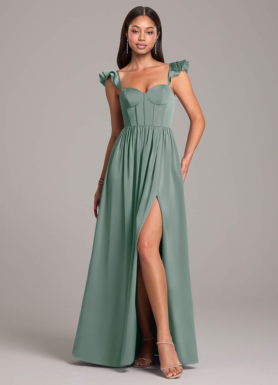 Azazie Denisse Kleider zum Anprobieren zu Hause A-Linie Gestreift Stretch-Satin Kleid Staubblau image4