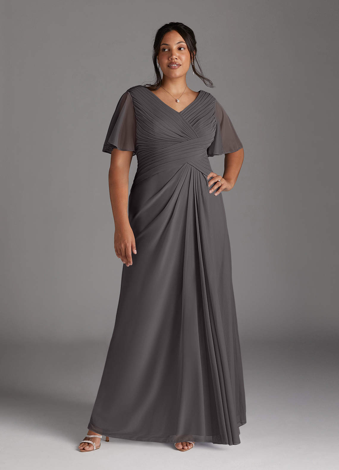 Azazie Emmeline Mother of the Bride Dresses Steel Grey A-Line V-Neck Pleated Mesh Dress image8