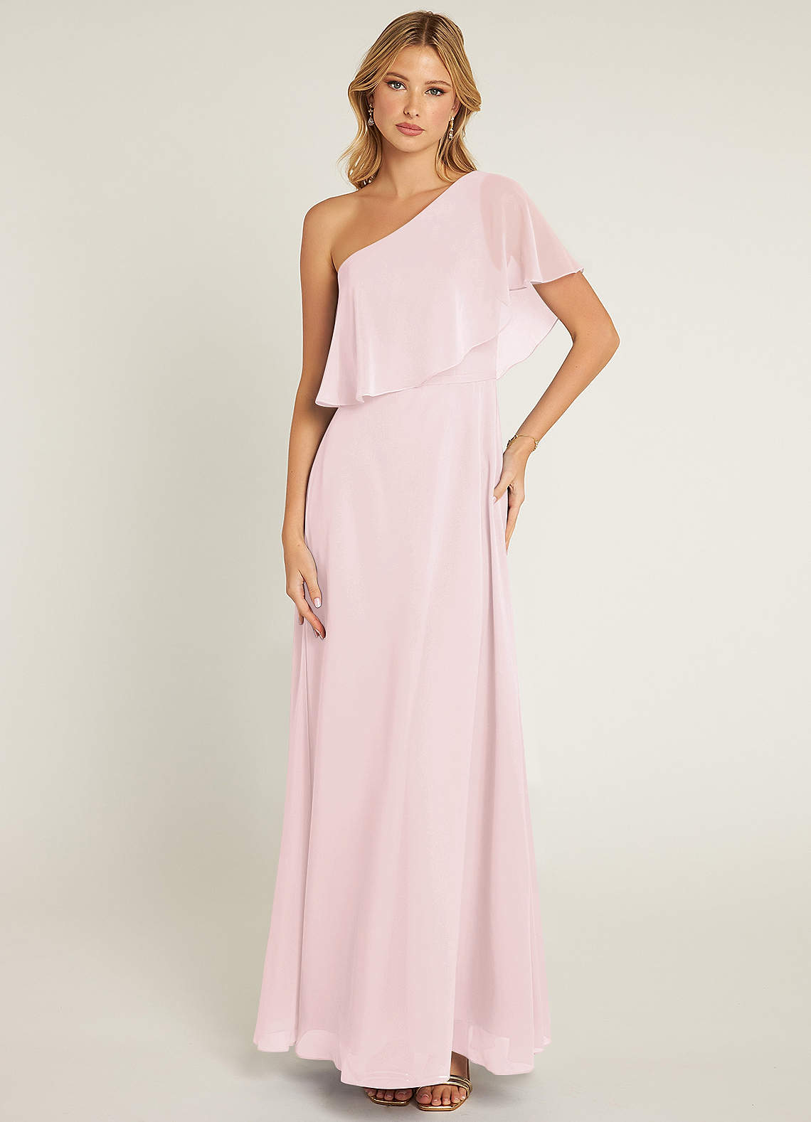 Azazie Lizzy Bridesmaid Dresses Blushing Pink A-Line One Shoulder Chiffon Dress image1