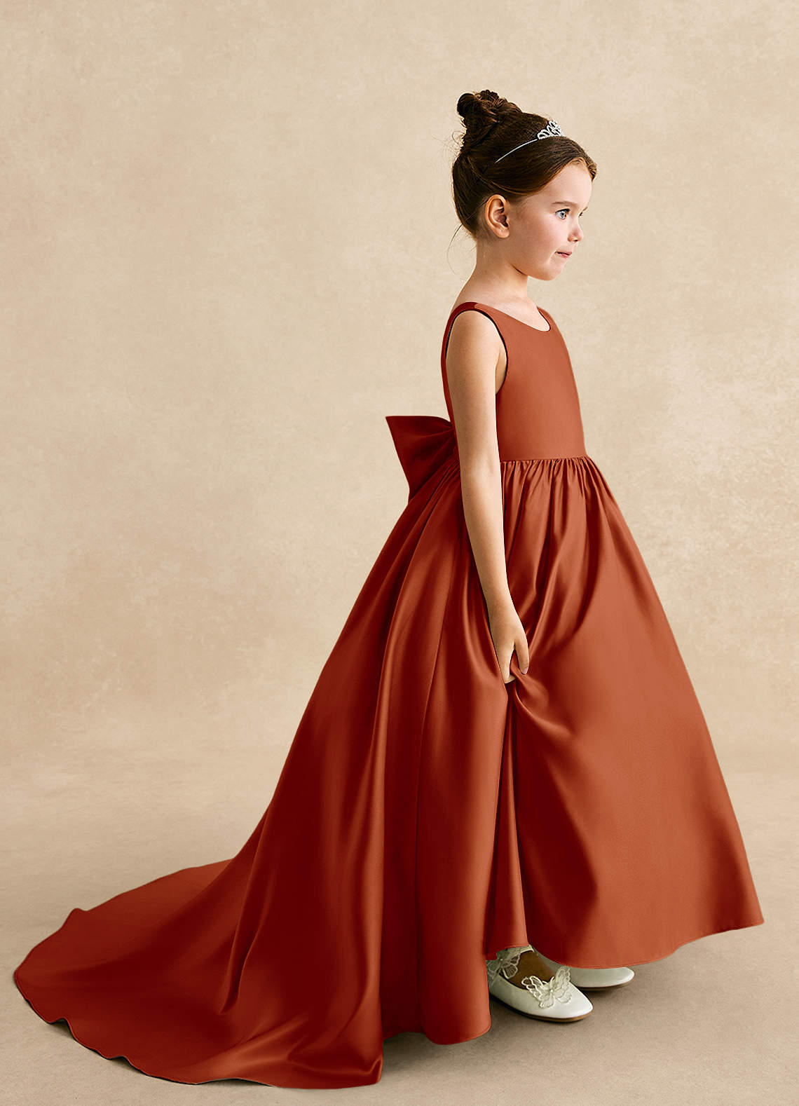 Azazie Mimia Robe Demoiselle D'honneur Fillette Robe Trapèze en Mat Satiné Arc Paprika image1