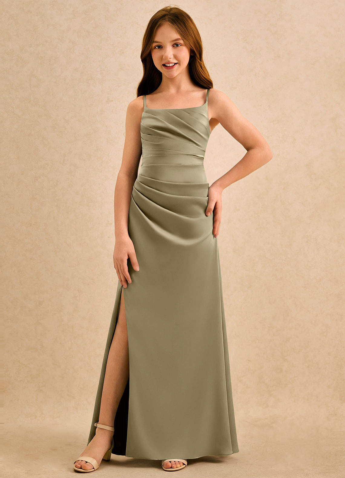 Azazie Cannoli Girls Formal Flower Girl Klänningar Klä A-Line i Stretch Satin Plisserad image2