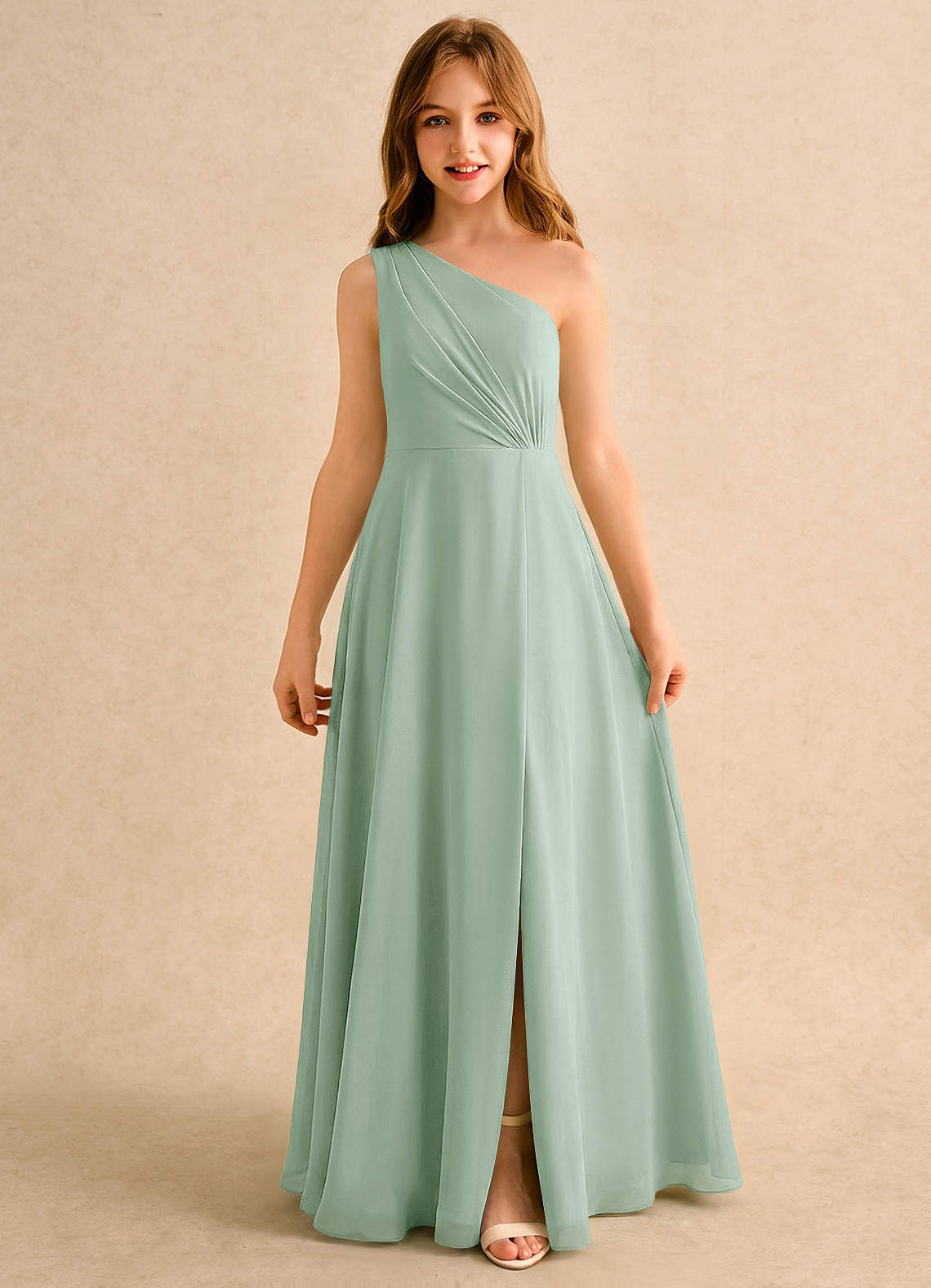 Azazie Puddles Girls Formal Abiti da Ragazza di Fiori Abito A-Line in Chiffon Monospalla Agave image5