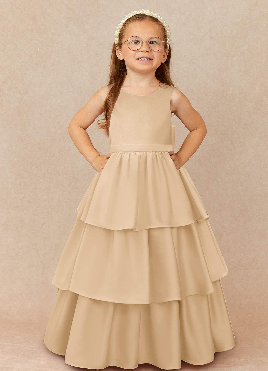 Azazie Margie Flower Girl Dresses Champagne A-Line Bow Stretch Satin Dress image1