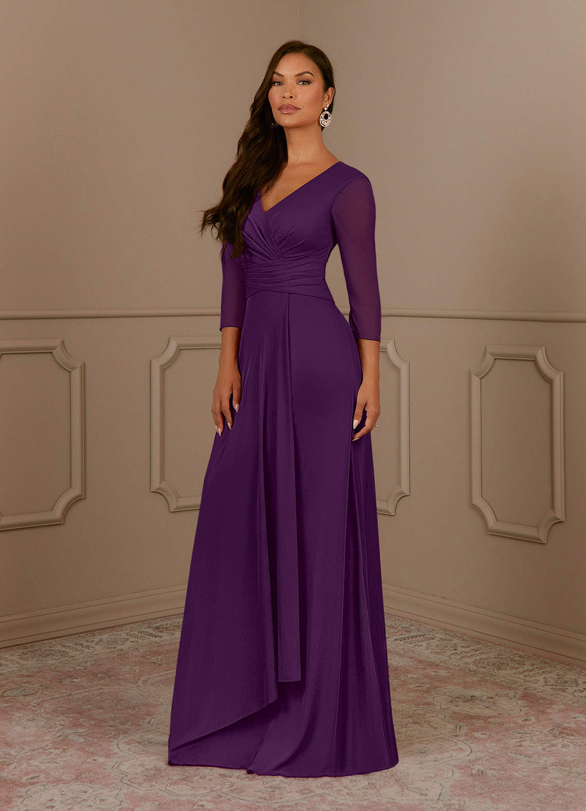 Azazie Annetta Grape A-Line V-Neck Pleated Mesh Dress | Azazie DE