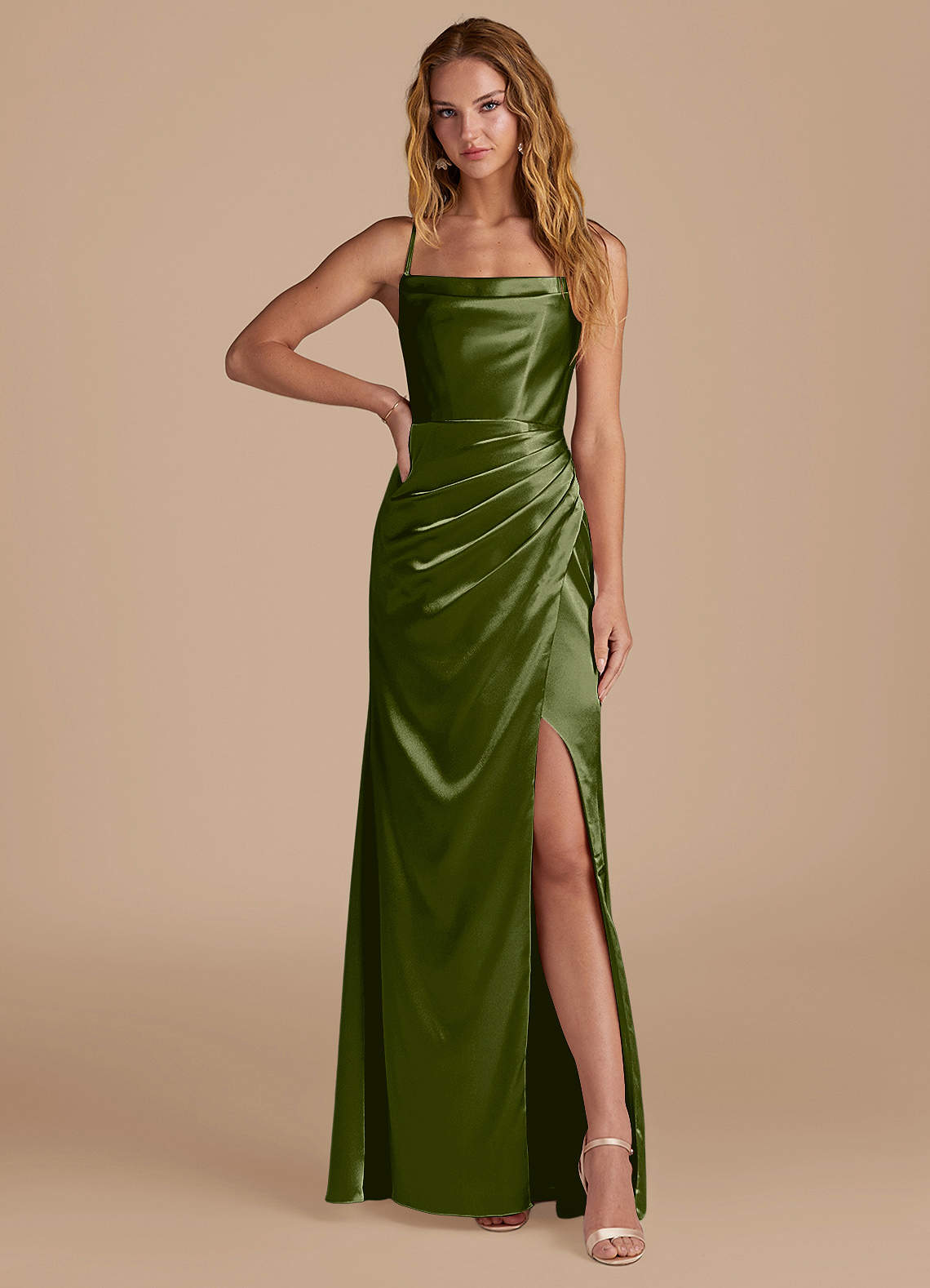 Azazie Marzia Bridesmaid Dresses Olive Mermaid Pleated Metallic Satin Dress image1