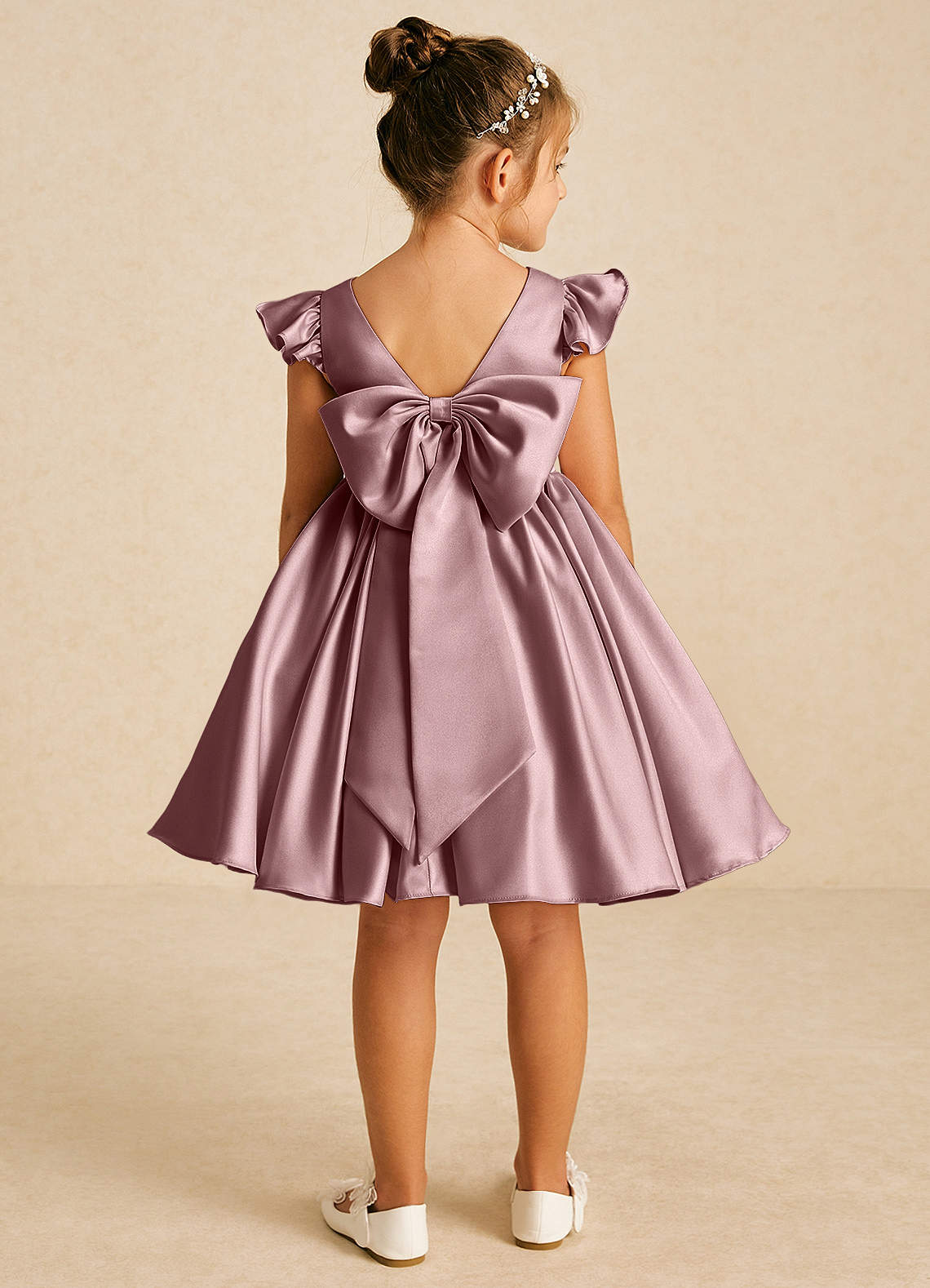 Azazie Tootsie Robe Demoiselle D'honneur Fillette Robe Trapèze en Mat Satiné Arc Rose Poussiéreuse image1