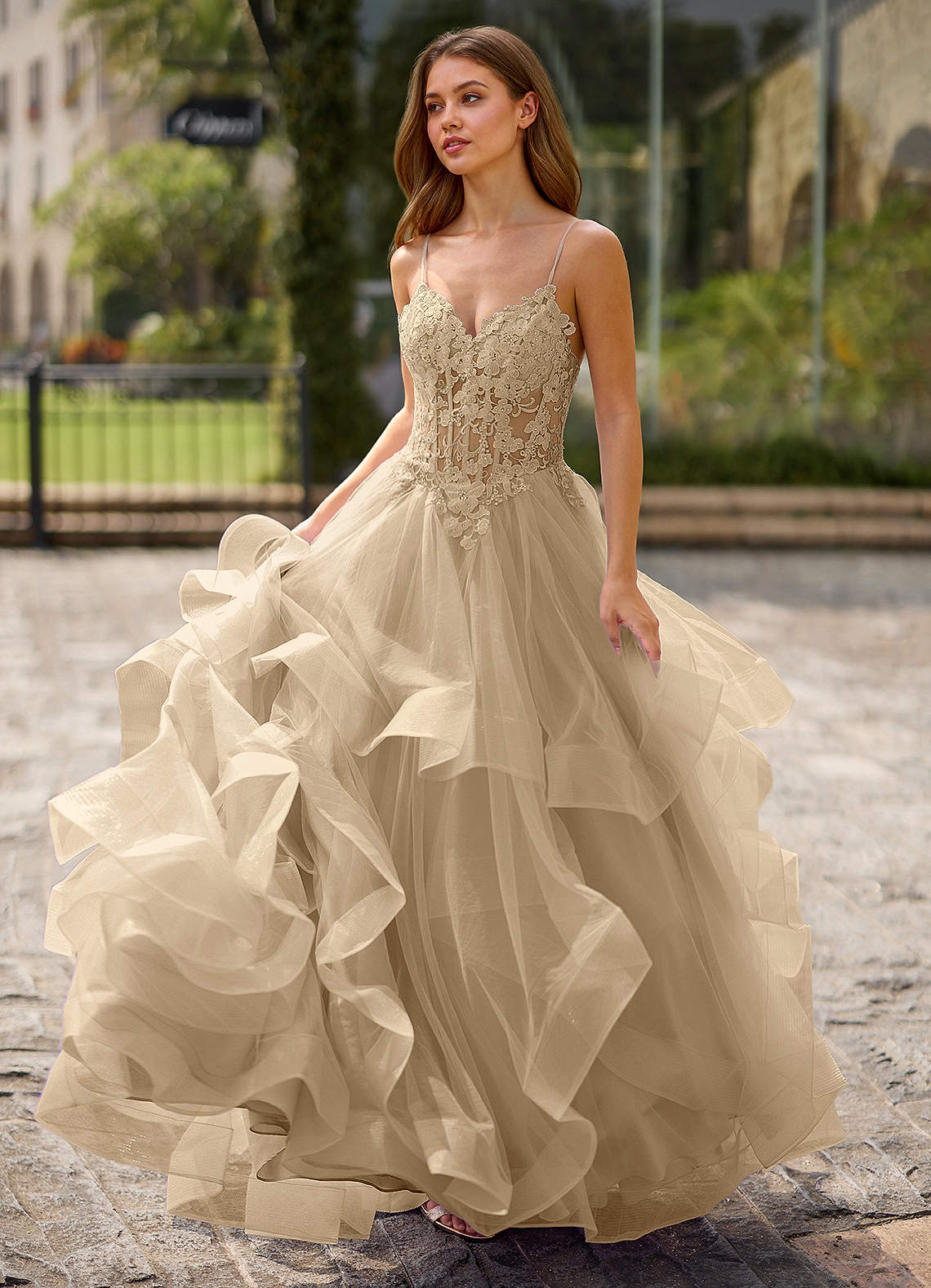 champagne and lace prom dresses Azazie 2026 Corset Sequins Mermaid Prom Dress Champagne Gown