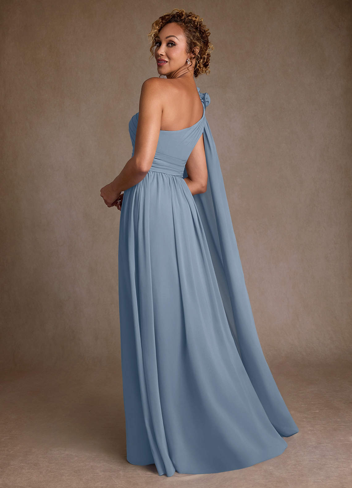 Azazie Lancaster Mère de la mariée Robes Robe Trapèze en Mousseline de soie Une épaule Bleu Poussiéreux image1