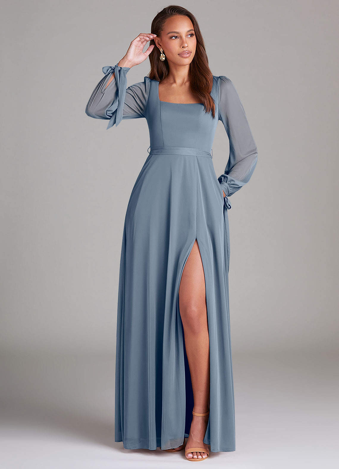 Azazie Leonia Bridesmaid Dresses Twilight A-Line Long Sleeve Mesh Dress image1