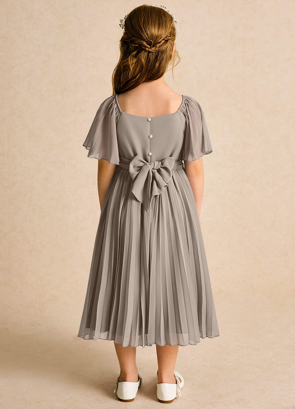Azazie Gisele vestidos de niña de las flores Vestido de Gris Pardo de Gasa de Corte En A con Plisado image5