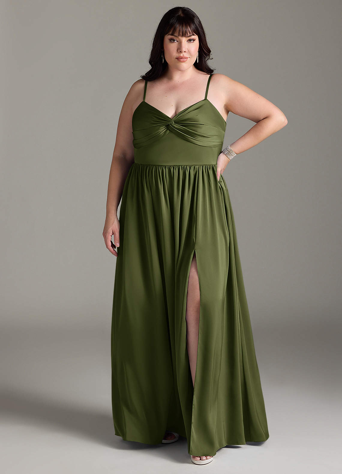 Azazie Zeya Jurken voor bruidsmeisjes Jurk van Stretch Satijn met A-Lijn Geplooid Olijf image1