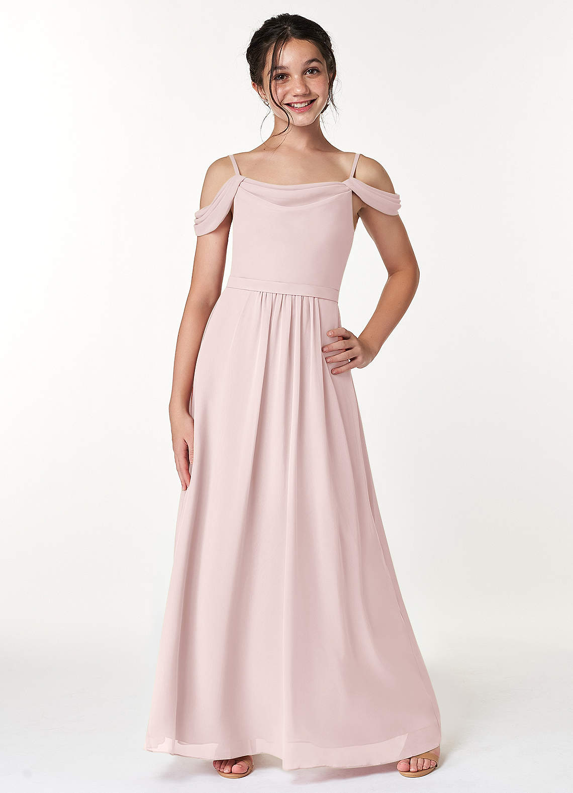 Azazie Alivia Junior Abito A-Line in Chiffon a Spalla Scoperta Rosa Rossore image1