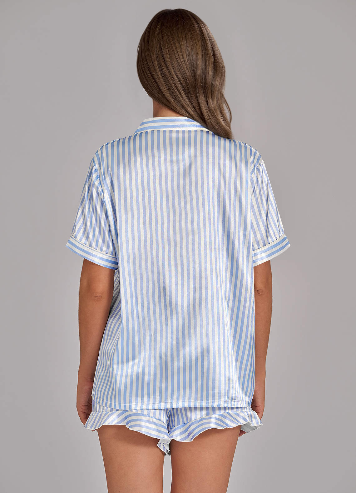 front Satin Striped Piped Pajama Set & Ruffled Shorts