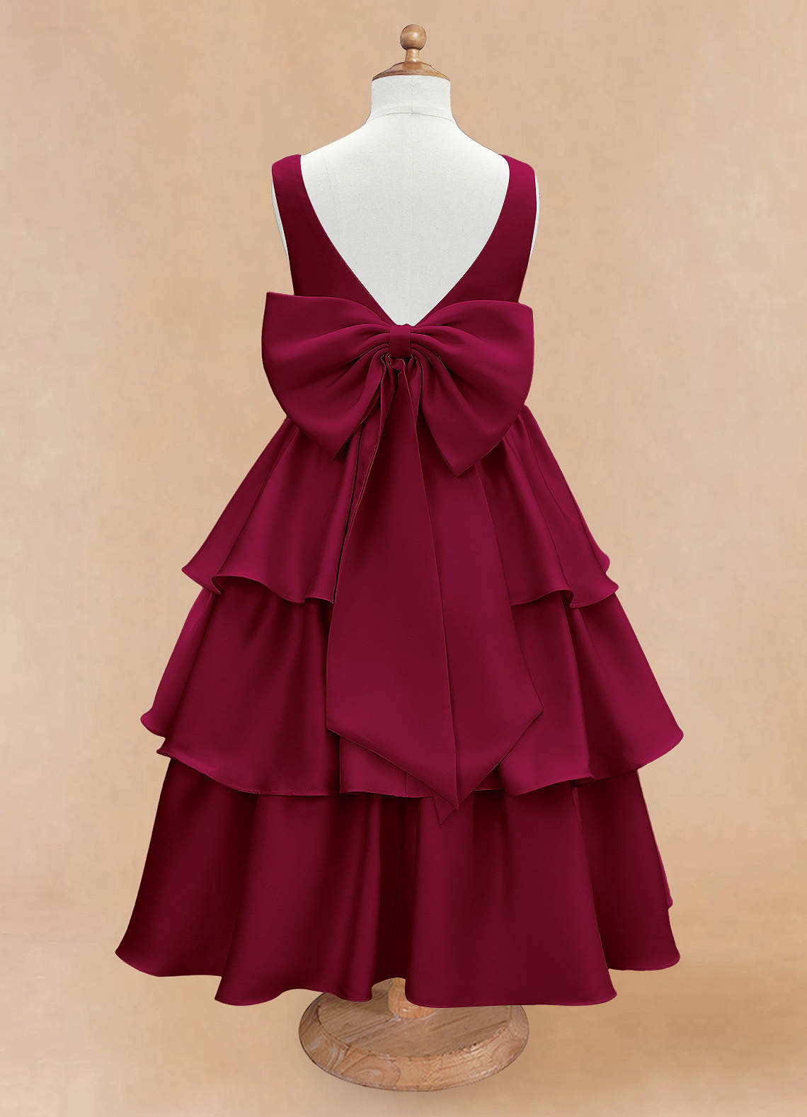 Azazie Margie Flower Girl Dresses Burgundy A-Line Bow Stretch Satin Dress image4