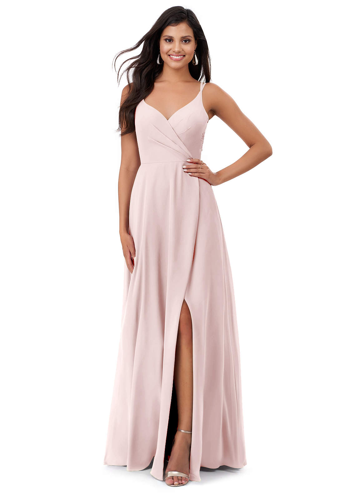 Azazie Lennon Bridesmaid Dresses Blushing Pink A-Line Lace Chiffon Dress image1