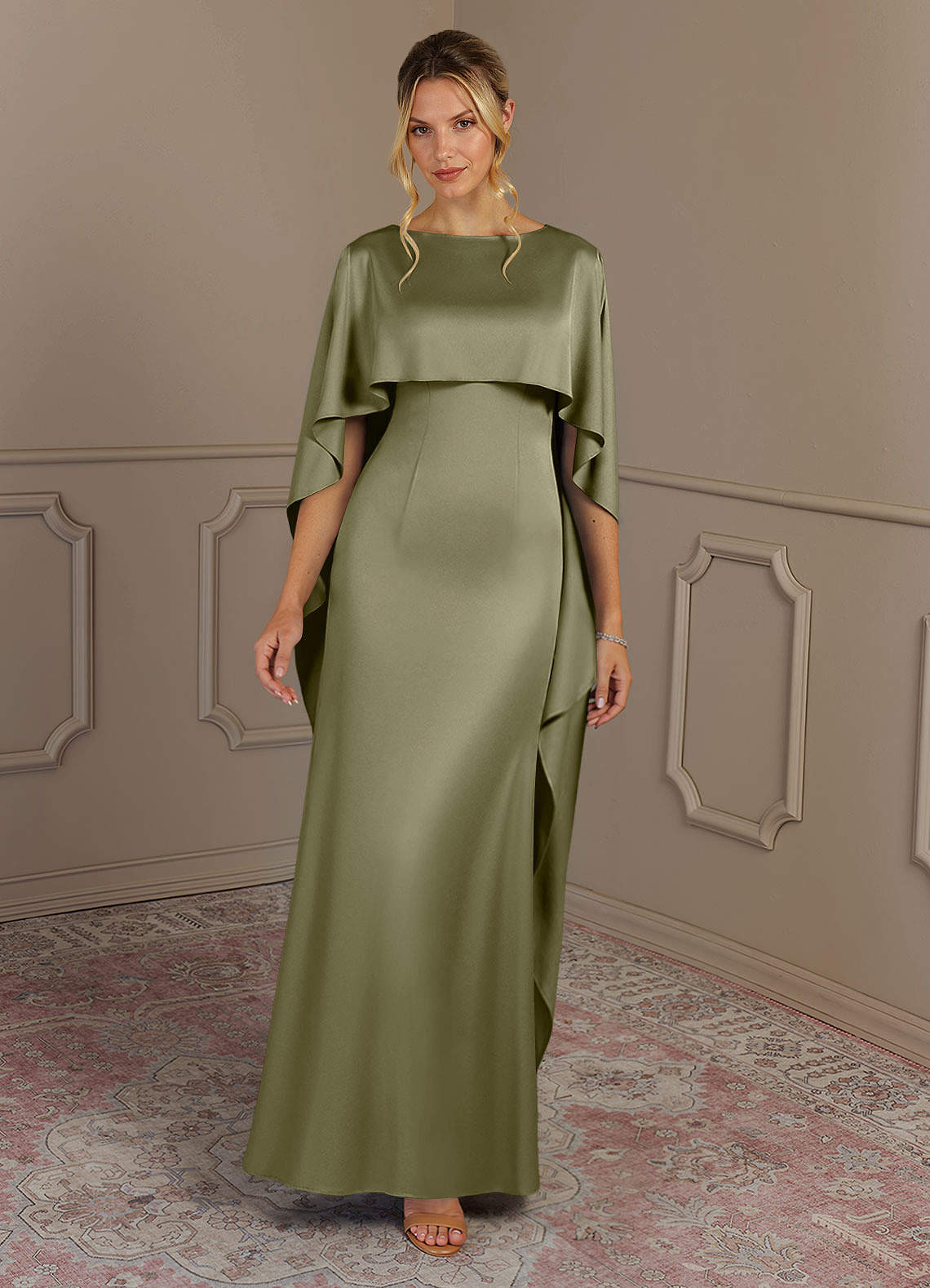 Azazie Eli vestidos de madre de la novia Vestido de Pistacho de Satén Elástico de Corte Recto con Cuello de barco image3