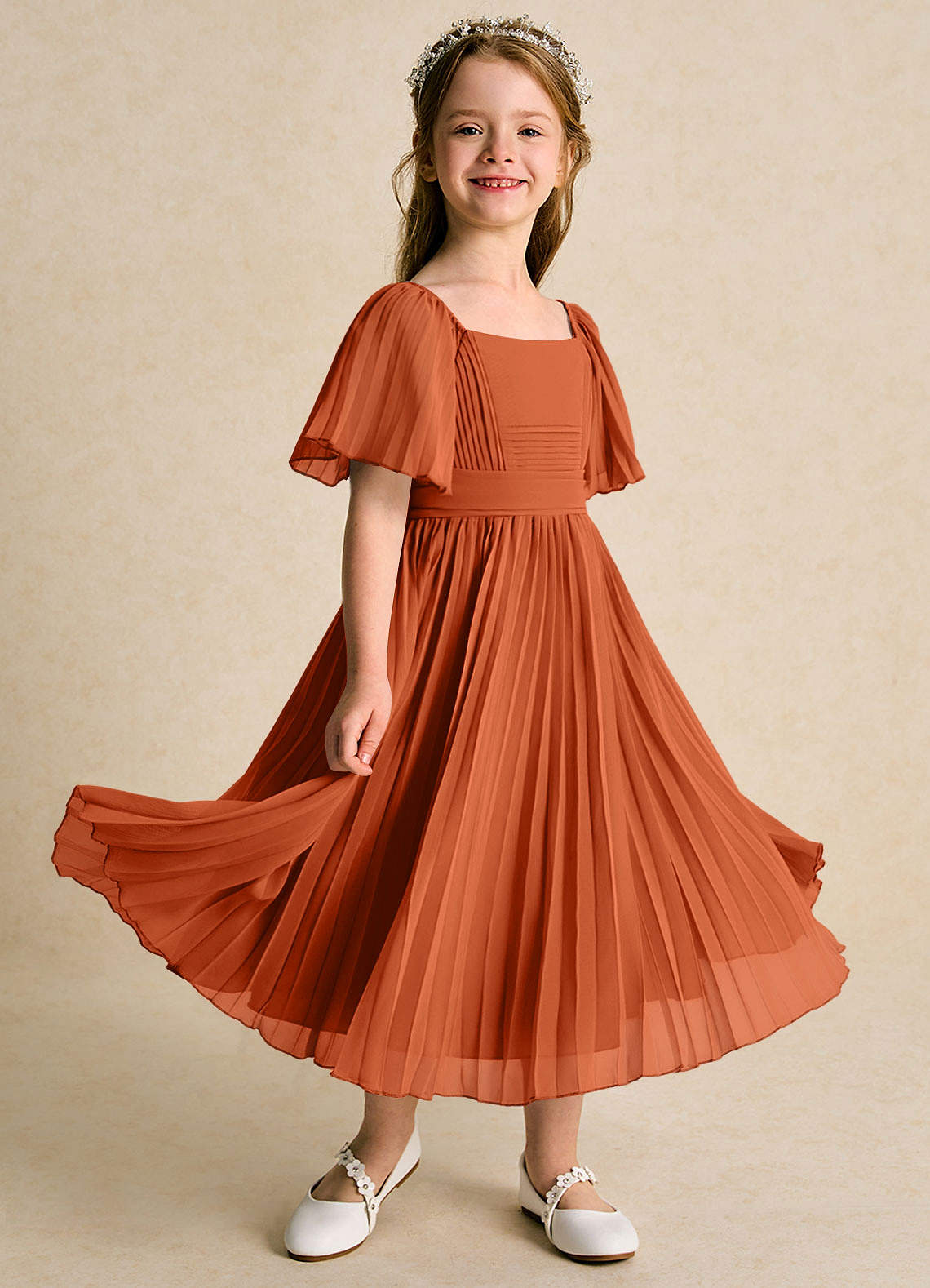 Azazie Gisele Abiti da Ragazza di Fiori Abito A-Line in Chiffon Plissettato Arancia Bruciata image1