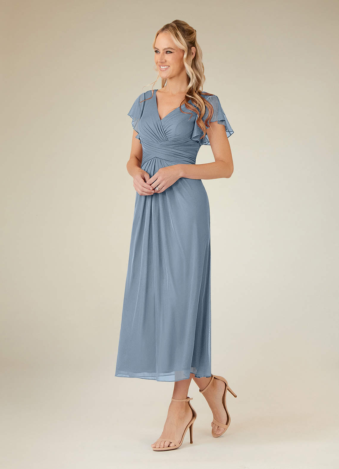 Azazie Vera Mother of the Bride Dresses Dusty Blue A-Line V-Neck Pleated Mesh Dress image1