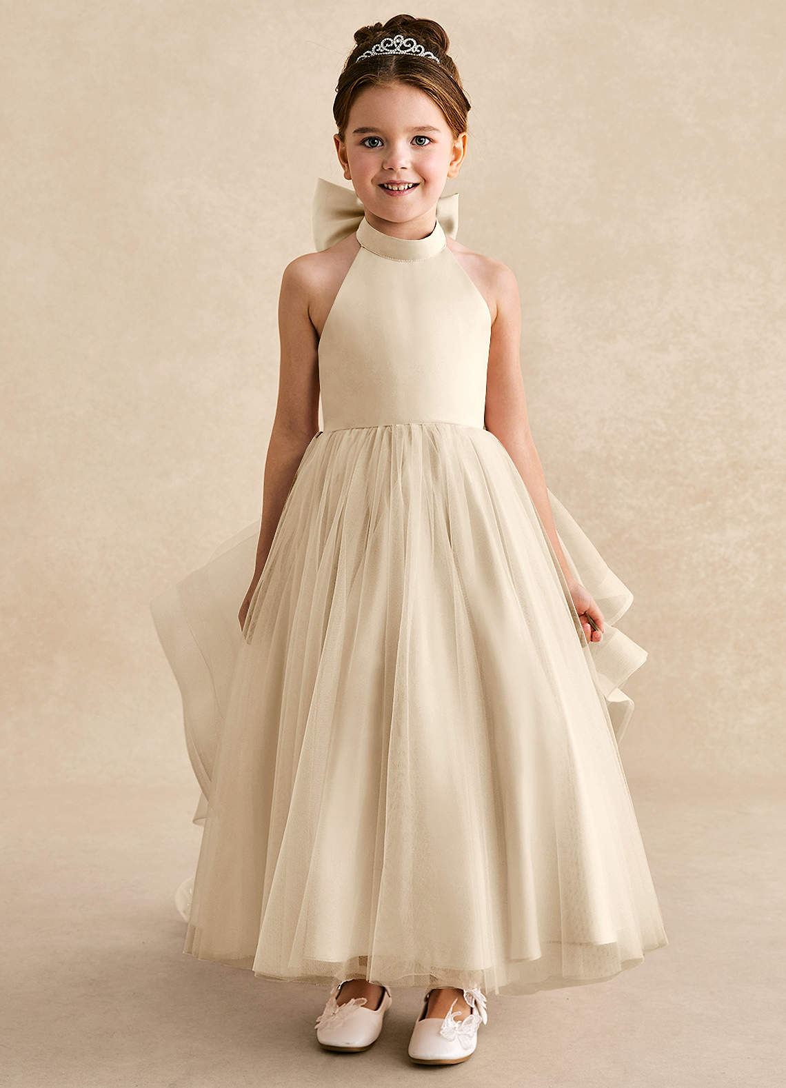Azazie Bev Flower Girl Dresses Champagne A-Line Convertible Tulle Dress image2