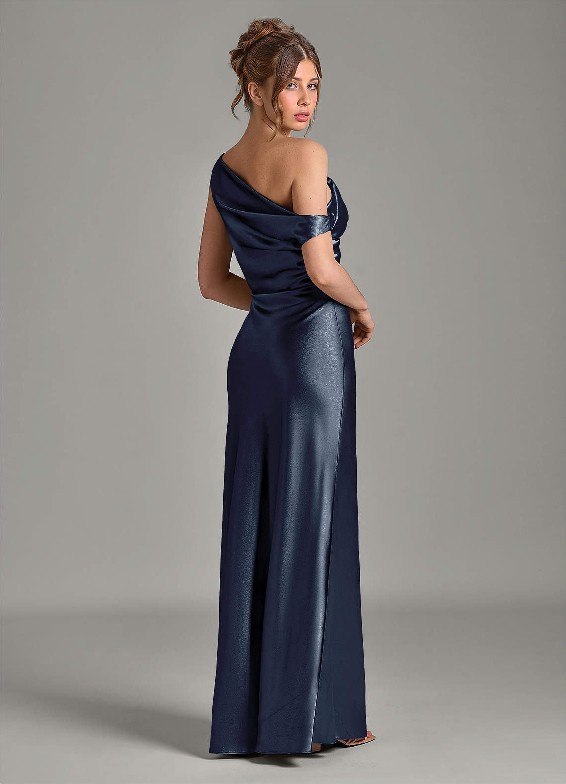 Azazie Emerson Bridesmaid Dresses Dark Navy Mermaid Off the Shoulder Metallic Satin Dress image5