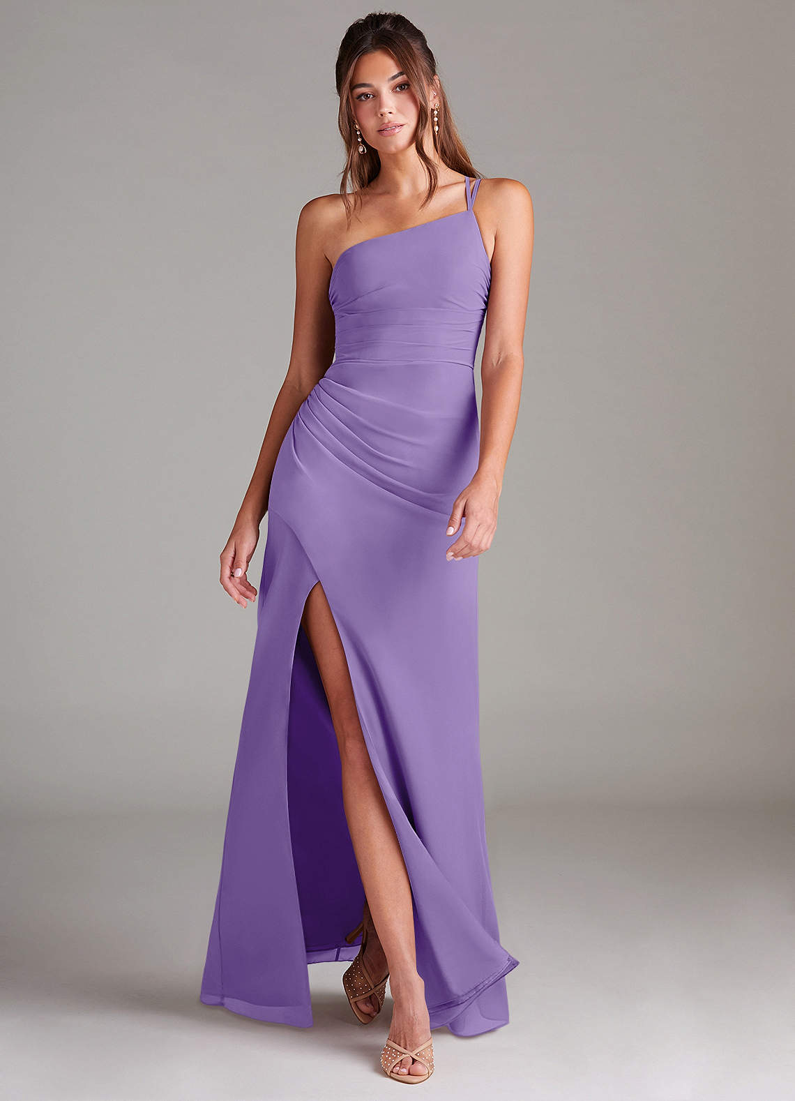 Azazie Eren Vestidos de damas de honor Vestido de Tahití de Gasa de Corte Recto con Hombro unilateral image1